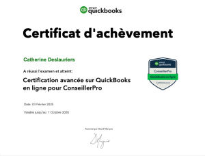 Certificat Quickbooks Conseiller Pro obtenu par Catherine pour optimiser votre tenue de livres